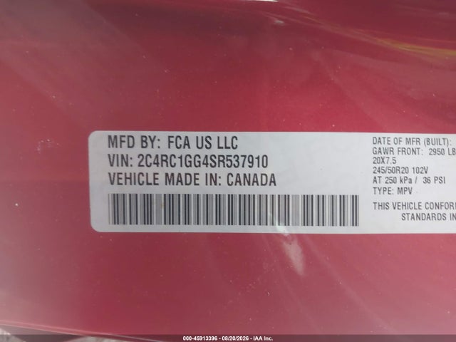 Продаж на аукціоні авто 2025 Chrysler Pacifica Limited, vin: 2C4RC1GG4SR537910, номер лоту: 45913396