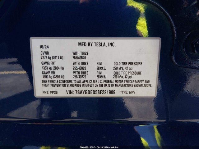 7SAYGDED5SF221909 Tesla Model Y Long Range Dual Motor Rear-wheel Drive
