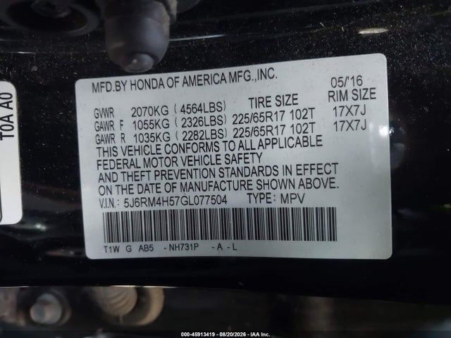 Aukcja sprzedaży 2016 Honda Cr-v Ex, vin: 5J6RM4H57GL077504, numer aukcji: 45913419