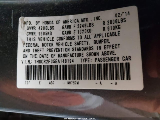 Продаж на аукціоні авто 2014 Honda Accord Lx, vin: 1HGCR2F35EA148194, номер лоту: 45913423