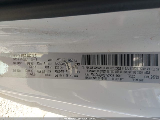 2019 Ram 1500 Classic Tradesman  4x2 6'4 Box მანქანა იყიდება აუქციონზე, vin: 3C6JR6AG0KG702270, აუქციონის ნომერი: 45913424