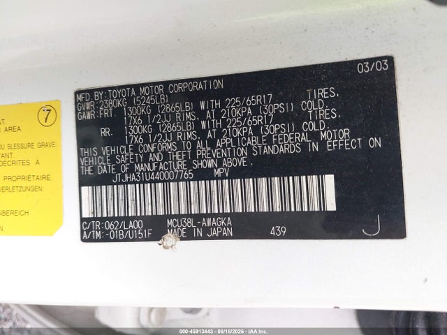 45913443 :رقم المزاد ، JTJHA31U440007765 vin ، 2004 Lexus Rx 330 مزاد بيع
