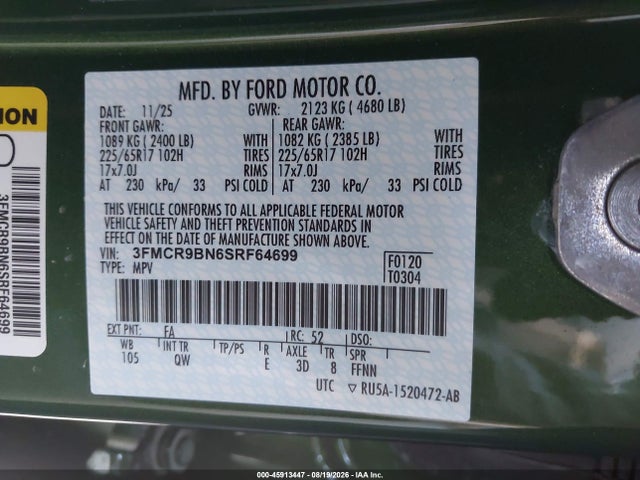 45913447 :رقم المزاد ، 3FMCR9BN6SRF64699 vin ، 2025 Ford Bronco Sport Big Bend مزاد بيع