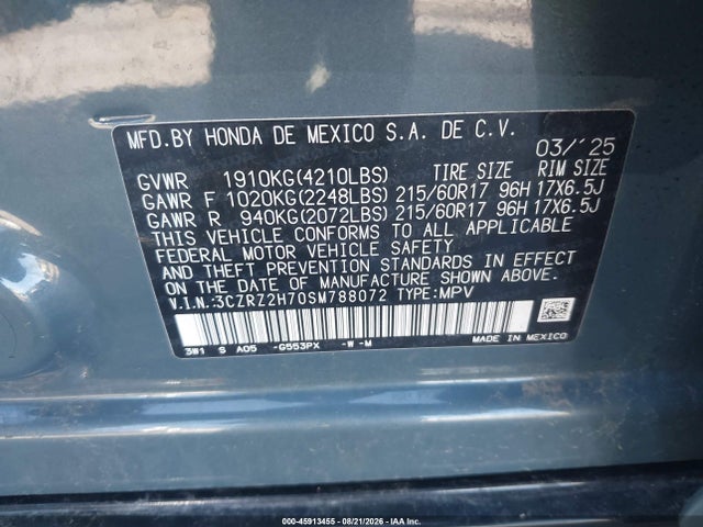 3CZRZ2H70SM788072 Honda Hr-v Awd Ex-l