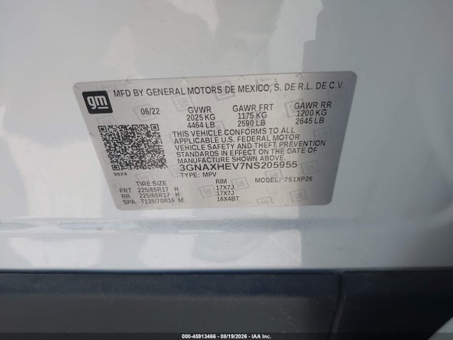 45913466 :رقم المزاد ، 3GNAXHEV7NS205955 vin ، 2022 Chevrolet Equinox Fwd Ls مزاد بيع
