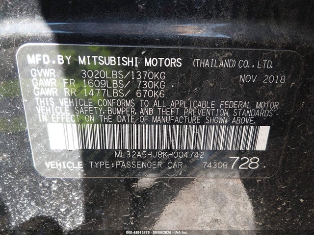 Aukcja sprzedaży 2019 Mitsubishi Mirage Le, vin: ML32A5HJ8KH004742, numer aukcji: 45913475