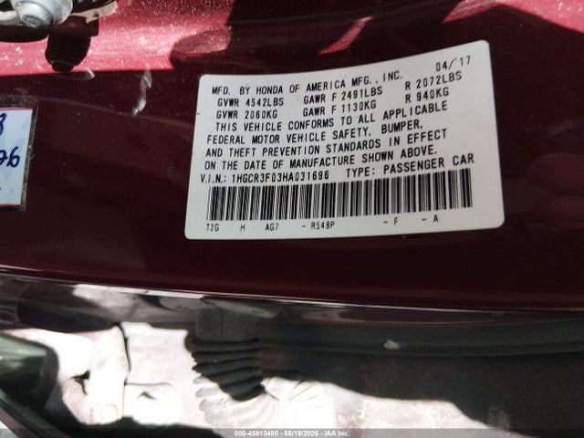 2017 Honda Accord Ex-l V6 მანქანა იყიდება აუქციონზე, vin: 1HGCR3F03HA031696, აუქციონის ნომერი: 45913480
