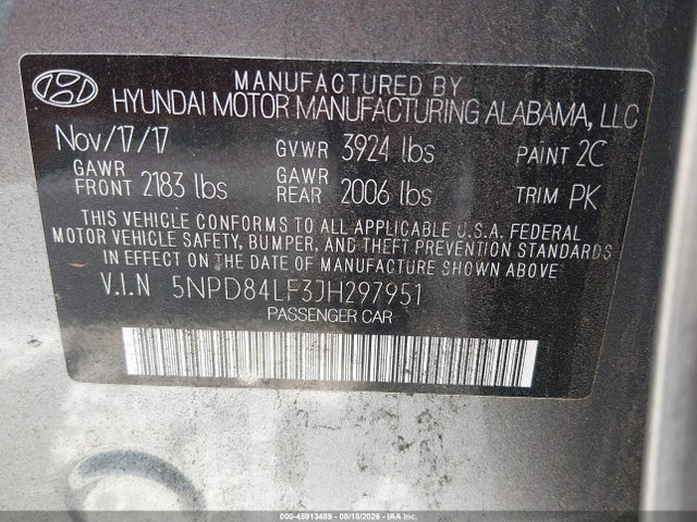 5NPD84LF3JH297951 Hyundai ELANTRA SEL