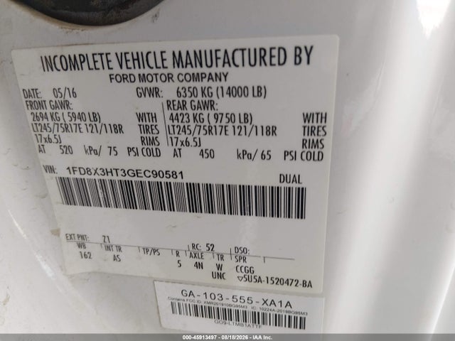 2016 Ford F-350 Chassis Xl მანქანა იყიდება აუქციონზე, vin: 1FD8X3HT3GEC90581, აუქციონის ნომერი: 45913497