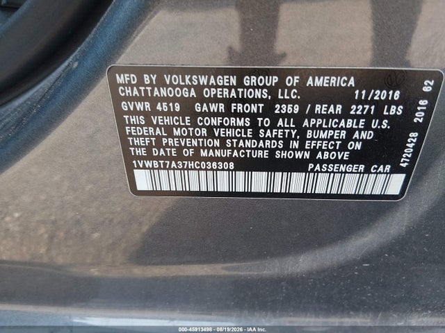 Продаж на аукціоні авто 2017 Volkswagen Passat 1.8t Se, vin: 1VWBT7A37HC036308, номер лоту: 45913498