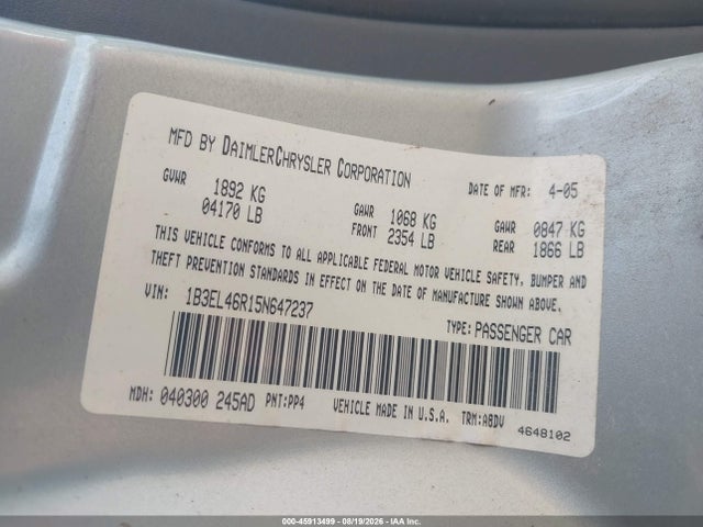 Aukcja sprzedaży 2005 Dodge Stratus Sxt, vin: 1B3EL46R15N647237, numer aukcji: 45913499