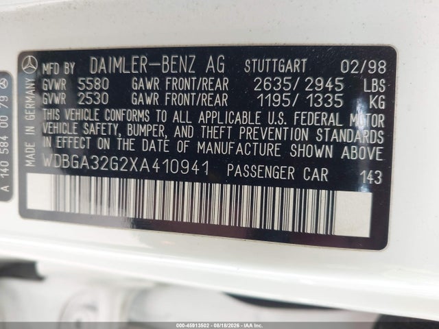 Продаж на аукціоні авто 1999 Mercedes-benz S 320, vin: WDBGA32G2XA410941, номер лоту: 45913502