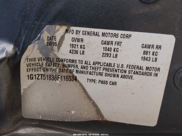 Aukcja sprzedaży 2006 Chevrolet Malibu Lt, vin: 1G1ZT51836F116534, numer aukcji: 45913516