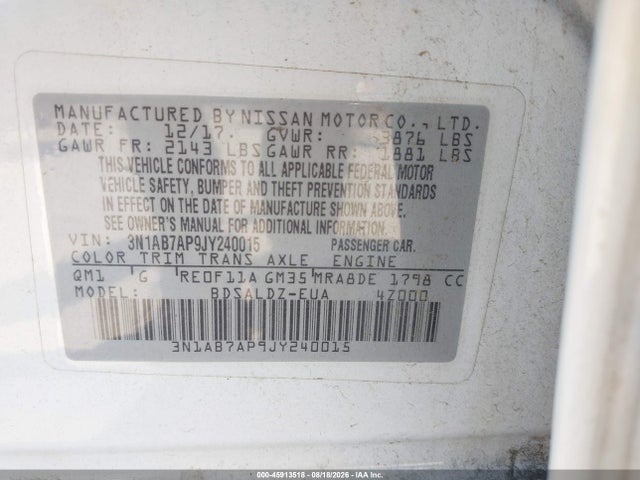 Aukcja sprzedaży 2018 Nissan Sentra Sv, vin: 3N1AB7AP9JY240015, numer aukcji: 45913518