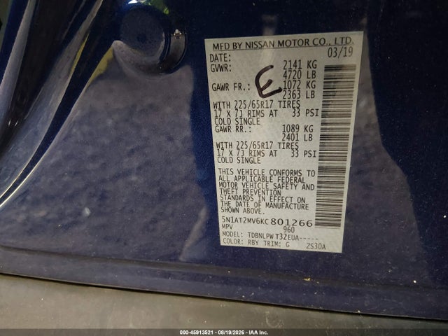 Aukcja sprzedaży 2019 Nissan Rogue S, vin: 5N1AT2MV6KC801266, numer aukcji: 45913521
