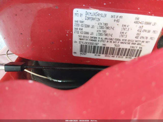 Продаж на аукціоні авто 2003 Dodge Ram 2500 Slt/laramie/st, vin: 3D7KU28C63G821567, номер лоту: 45913525