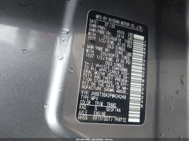 45913557 :رقم المزاد ، JN8BT3BA2PW424248 vin ، 2023 Nissan Rogue Sv Fwd مزاد بيع