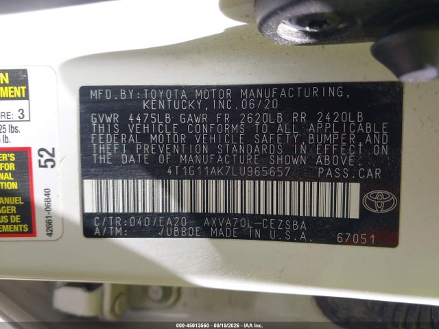 45913560 :رقم المزاد ، 4T1G11AK7LU965657 vin ، 2020 Toyota Camry Se مزاد بيع