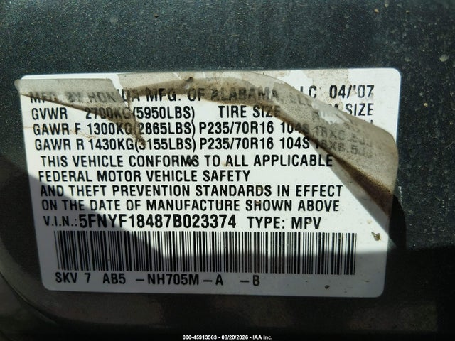 2007 Honda Pilot Ex მანქანა იყიდება აუქციონზე, vin: 5FNYF18487B023374, აუქციონის ნომერი: 45913563