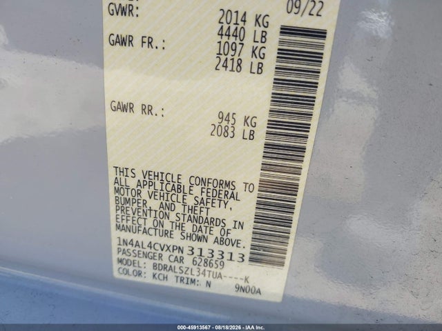 45913567 :رقم المزاد ، 1N4AL4CVXPN313313 vin ، 2023 Nissan Altima Sr Vc-turbo Fwd مزاد بيع