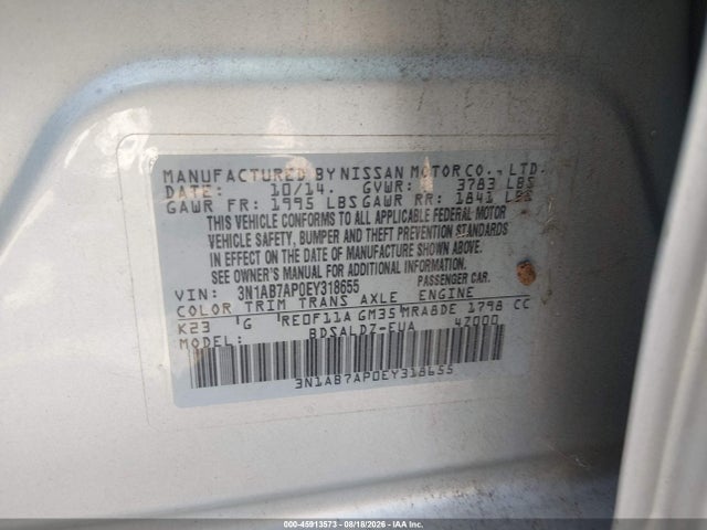 2014 Nissan Sentra Sv მანქანა იყიდება აუქციონზე, vin: 3N1AB7AP0EY318655, აუქციონის ნომერი: 45913573