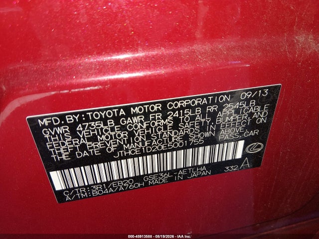 Продажа на аукционе авто 2014 Lexus Is 350, vin: JTHCE1D20E5001755, номер лота: 45913588