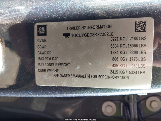 Aukcja sprzedaży 2019 Chevrolet Silverado 1500 Ltz, vin: 1GCUYGED8KZ238210, numer aukcji: 45913592