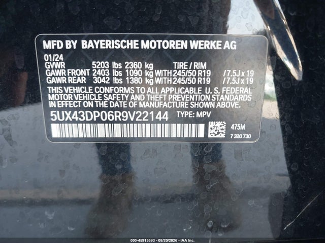 45913593 :رقم المزاد ، 5UX43DP06R9V22144 vin ، 2024 Bmw X3 Sdrive30i مزاد بيع