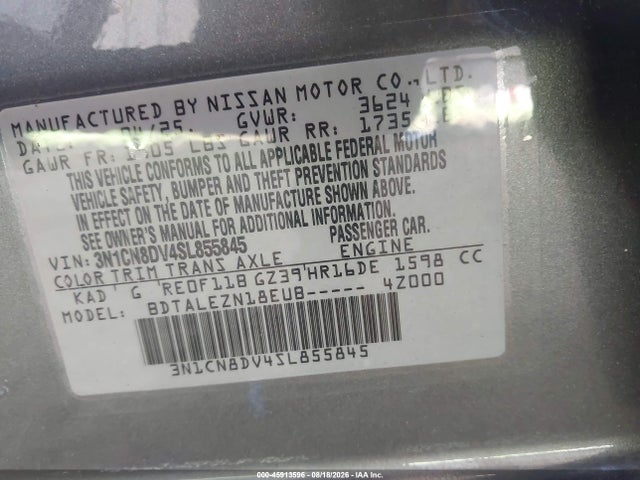 Aukcja sprzedaży 2025 Nissan Versa 1.6 S, vin: 3N1CN8DV4SL855845, numer aukcji: 45913596