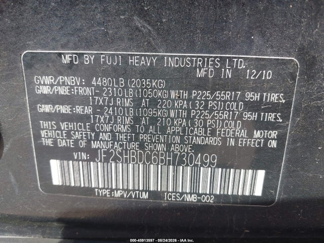 45913597 :رقم المزاد ، JF2SHBDC6BH730499 vin ، 2011 Subaru Forester 2.5x Premium مزاد بيع