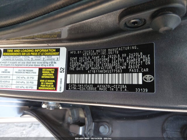Продаж на аукціоні авто 2019 Toyota Camry Se, vin: 4T1B11HK0KU277563, номер лоту: 45913600