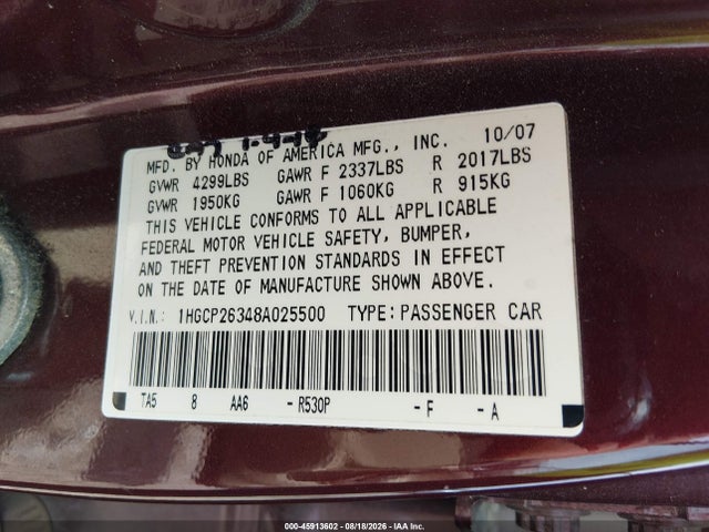 Aukcja sprzedaży 2008 Honda Accord 2.4 Lx, vin: 1HGCP26348A025500, numer aukcji: 45913602
