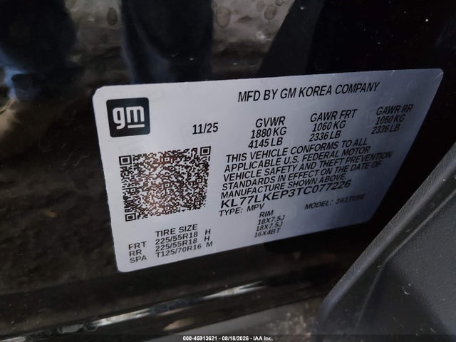 45913621 :رقم المزاد ، KL77LKEP3TC077226 vin ، 2026 Chevrolet Trax Fwd Activ مزاد بيع