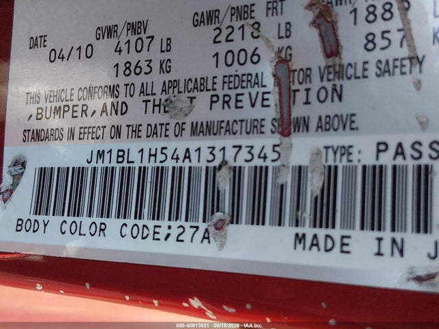 Aukcja sprzedaży 2010 Mazda Mazda3 S Sport, vin: JM1BL1H54A1317345, numer aukcji: 45913631