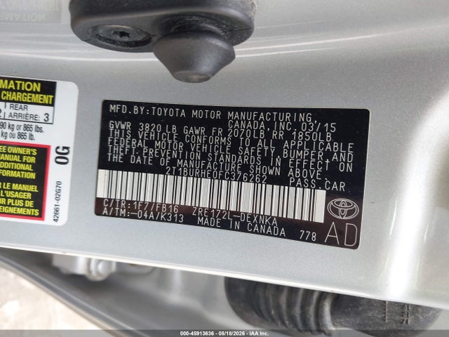 Aukcja sprzedaży 2015 Toyota Corolla Le, vin: 2T1BURHE0FC376262, numer aukcji: 45913636