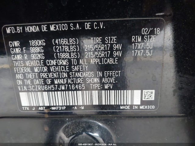 Продаж на аукціоні авто 2018 Honda Hr-v Ex, vin: 3CZRU6H57JM716465, номер лоту: 45913637