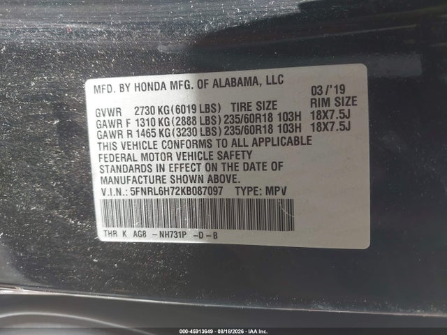 45913649 :رقم المزاد ، 5FNRL6H72KB087097 vin ، 2019 Honda Odyssey Ex-l مزاد بيع