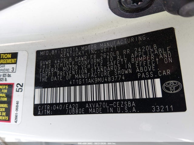 45913692 :رقم المزاد ، 4T1G11AK9MU483774 vin ، 2021 Toyota Camry Se مزاد بيع