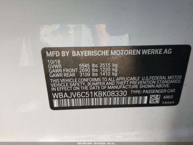 Aukcja sprzedaży 2019 Bmw 640i Gran Turismo Xdrive, vin: WBAJV6C51KBK08330, numer aukcji: 45913698