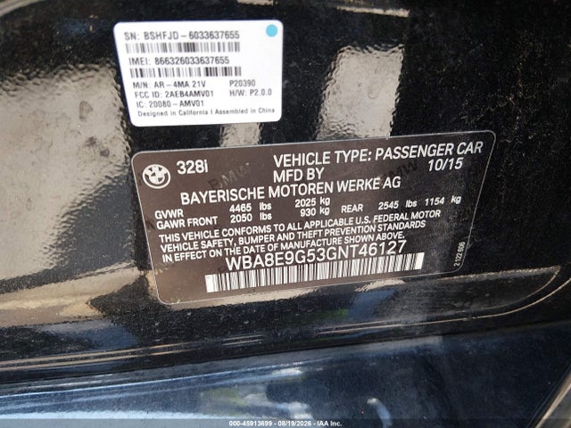 Продаж на аукціоні авто 2016 Bmw 328i, vin: WBA8E9G53GNT46127, номер лоту: 45913699