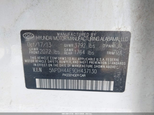 2013 Hyundai Elantra Gls მანქანა იყიდება აუქციონზე, vin: 5NPDH4AE9DH437130, აუქციონის ნომერი: 45913725
