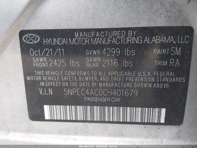 Продажа на аукционе авто 2012 Hyundai Sonata Se, vin: 5NPEC4AC0CH401679, номер лота: 45913726