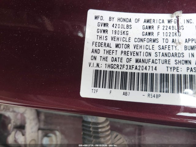 Продажа на аукционе авто 2015 Honda Accord Lx, vin: 1HGCR2F3XFA204714, номер лота: 45913728