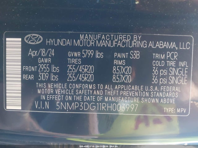 Продажа на аукционе авто 2024 Hyundai Santa Fe Hybrid Limited, vin: 5NMP3DG11RH003997, номер лота: 45913735