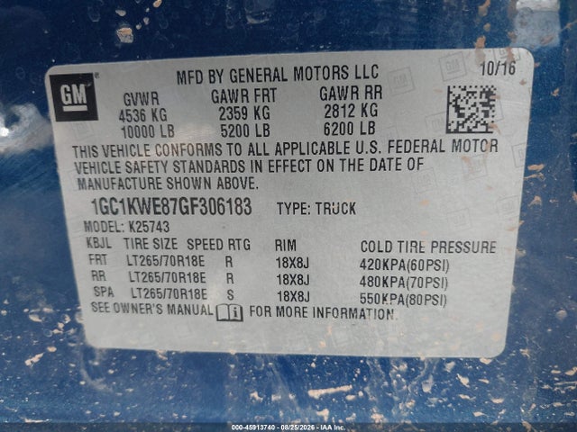 2016 Chevrolet Silverado 2500hd Ltz მანქანა იყიდება აუქციონზე, vin: 1GC1KWE87GF306183, აუქციონის ნომერი: 45913740