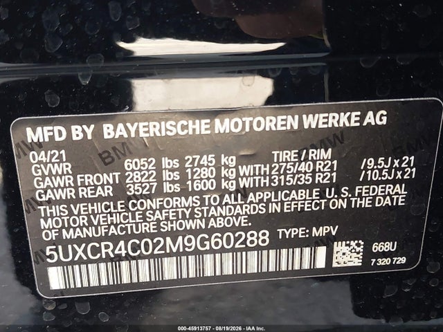 Продажа на аукционе авто 2021 Bmw X5 Sdrive40i, vin: 5UXCR4C02M9G60288, номер лота: 45913757