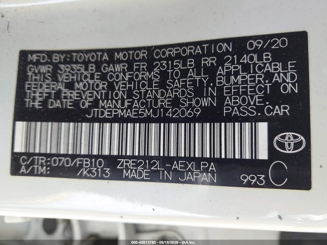 Toyota COROLLA LE 2021 JTDEPMAE5MJ142069 Image 9