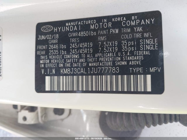 Aukcja sprzedaży 2018 Hyundai Tucson Sport, vin: KM8J3CAL1JU777783, numer aukcji: 45913773