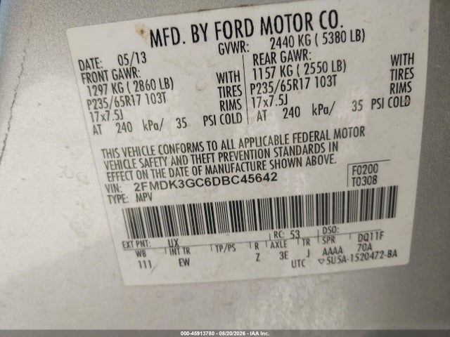 Aukcja sprzedaży 2013 Ford Edge Se, vin: 2FMDK3GC6DBC45642, numer aukcji: 45913780