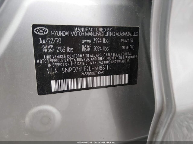 Продаж на аукціоні авто 2020 Hyundai Elantra Se, vin: 5NPD74LF2LH608811, номер лоту: 45913783